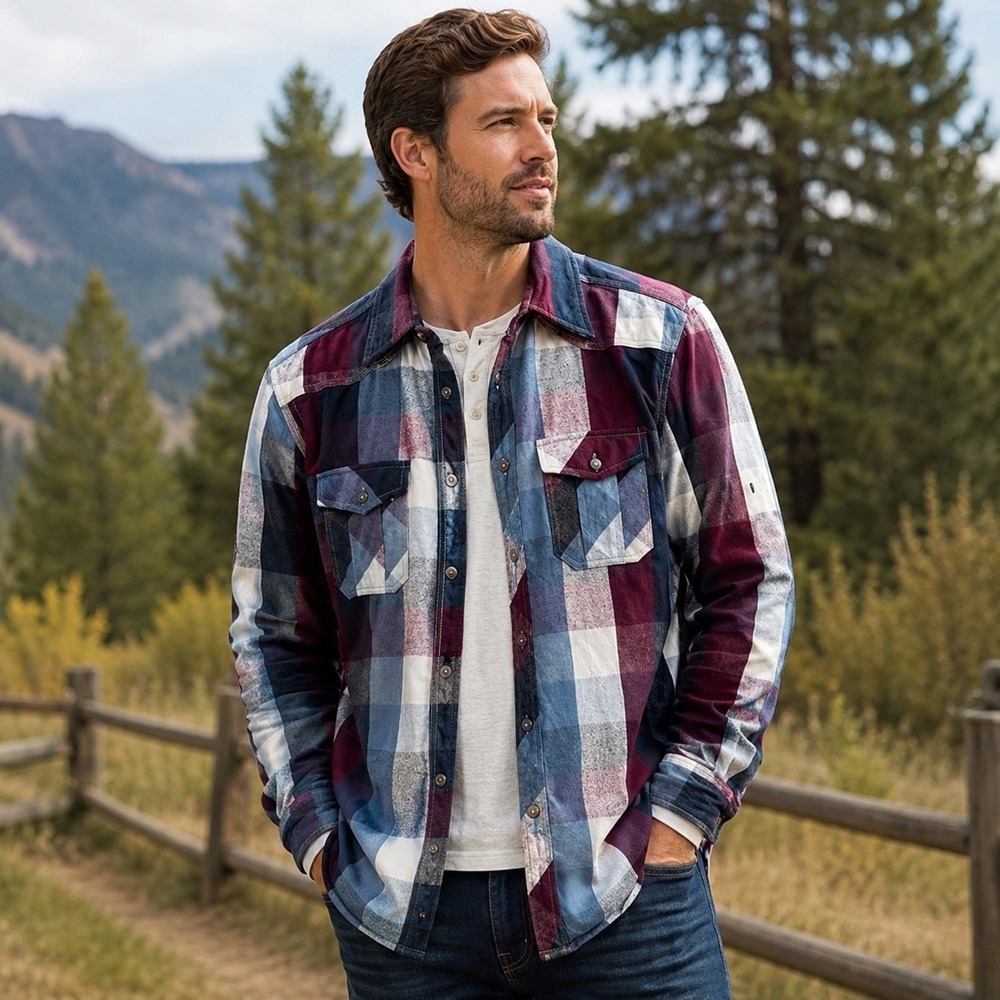 Jachs J. Utility Overshirt Men's Large Plaid Denim Chore Shirt Blue Wine Button